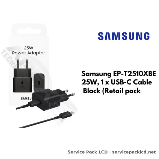 Wall Charger Samsung EP-T2510XBE, 25W, 1 x USB-C Cable Black (Retail pack) EP-T2510XBEGEU