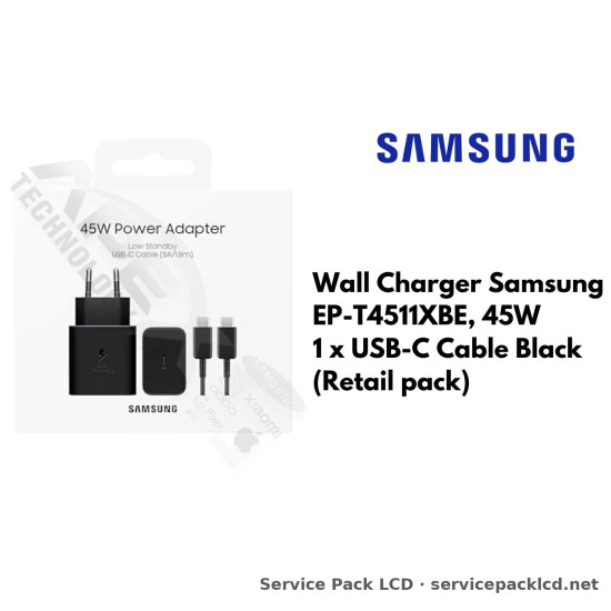 Wall Charger Samsung EP-T4511XBE, 45W, 1 x USB-C Cable Black (Retail pack) EP-T4511XBEGEU